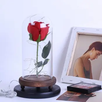 

USB Powered Artificial Silk Rose Flowers in Glass Dome with LED Light String On Wooden Base Great Gift for Women Girls hot