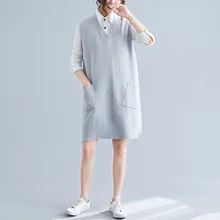 Длинный женский свитер без рукавов размера плюс 4xl, вязаный осенне-зимний Повседневный жилет с боковыми разрезами и карманами 3592LY