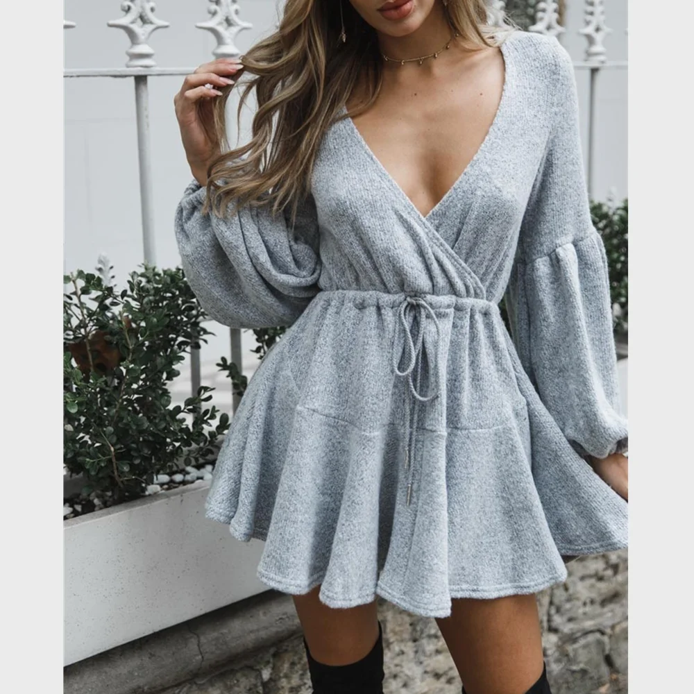 Ruffle Dress For Women V-neck Autumn Winter Knitted Woman Dresses Elegant Lace Up Vestidos Short Dress Femme Casual Office Robe