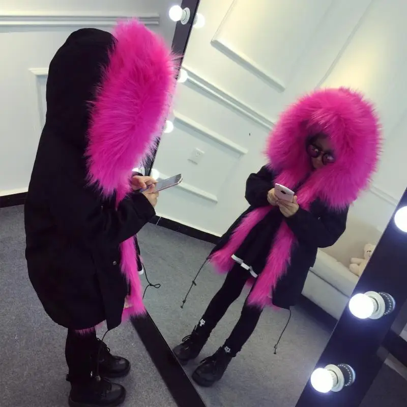 

Child High quality fur Jacket Winter Kids fashion Warm Fur Lining Parka Coat Baby Raccoon Fur Collar Coat boy girls Parka CT044