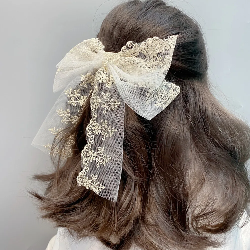 Заколка для волос с бантом Женская двухслойная заколка кружевом и вышивкой