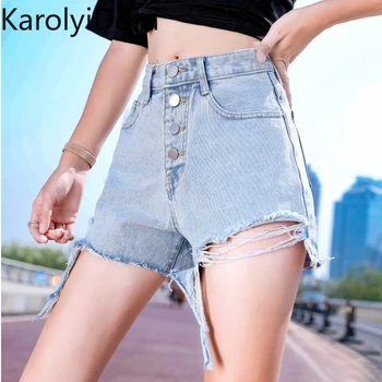 

Hole denim shorts female 2020 new summer high waist was thin loose large size fat mm super a word hot pants tide