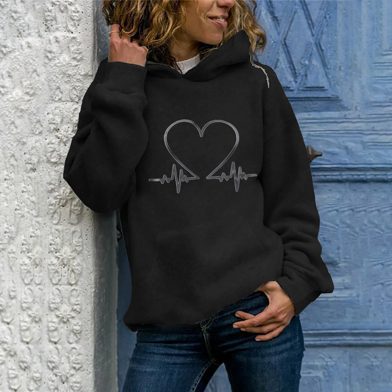 Harajuku Heart Print Hoodies Women Oversized Long Sleeve Pullover Tops Autumn Casual Female Hooded Sweatshirt Sudaderas#fs 1