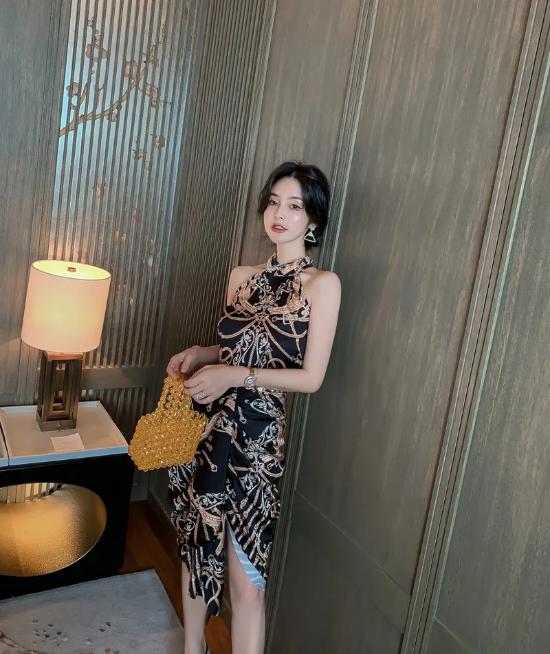 

2 Pieces Sets Summer Women Suit Sexy Office Print Halter Sleeveless Tops and Asymmetrical Skirts Vintage Two Piece Set Vestido