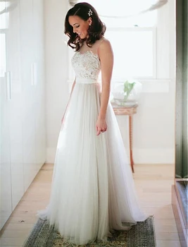 

Sheer Lace Appliques Top A-Line Wedding Dresses Tulle 2020 Formal Long Bridal Gowns Customized Robe De Mariee Cheap Plus Size