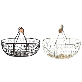 

2Pcs Wooden Handle Metal Retro Basket Vegetable Fruit Egg Groceries Practical Storage Basket - White & Black