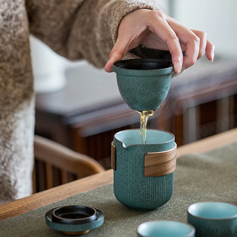Chinese Kung Fu Tea Set, Outdoor Travel Picnic Camping, One Pot and Cups, Portable Blue Glaze Teapot, Retro Teaware
