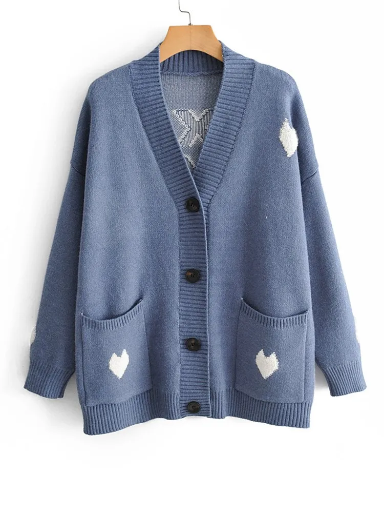 Blue sweater Корейский женский открытый передний милый свитер Рождественский кардиган японский на пуговицах вязать сердце школьная форма красный свитер девушки пальто - Цвет: Blue sweater