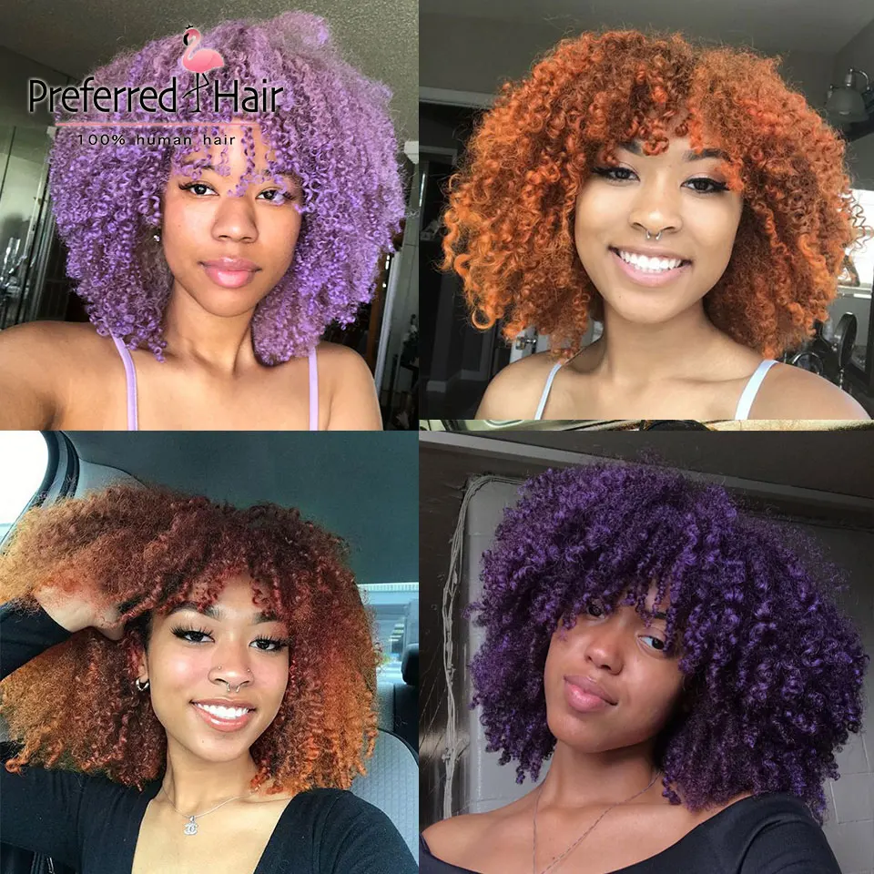 

Preferred Mongolian Purple Afro Kinky Curly Wig Preplucked 13x6 Lace Front Wig Remy Orange Curly Human Hair Wig with Full Bangs