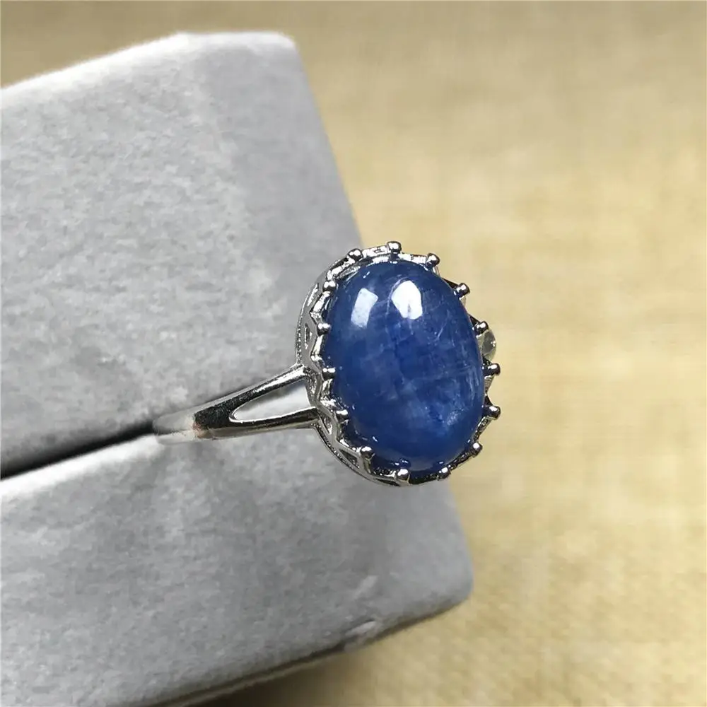 

100% Natural Blue Kyanite Ring For Woman Man Crystal 12x10mm Stone Cat Eye Oval Beads Love Gift Adjustable Ring Jewelry AAAAA