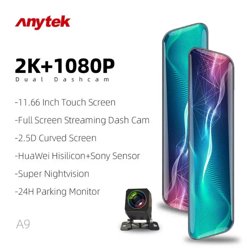 Anytek A9 HD 1440p Dashcam 11,66 дюймов ips Автомобильное зеркало заднего вида DVR камера двойной объектив ADAS ночное видение видео рекордер