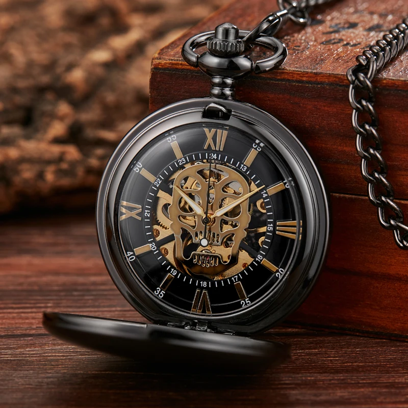 Skull Fashion Smooth Mechanical Pocket Watch Men Skeleton Steampuk Hand Wind Pendant Clock Chain with Arabic Numerals for Gift