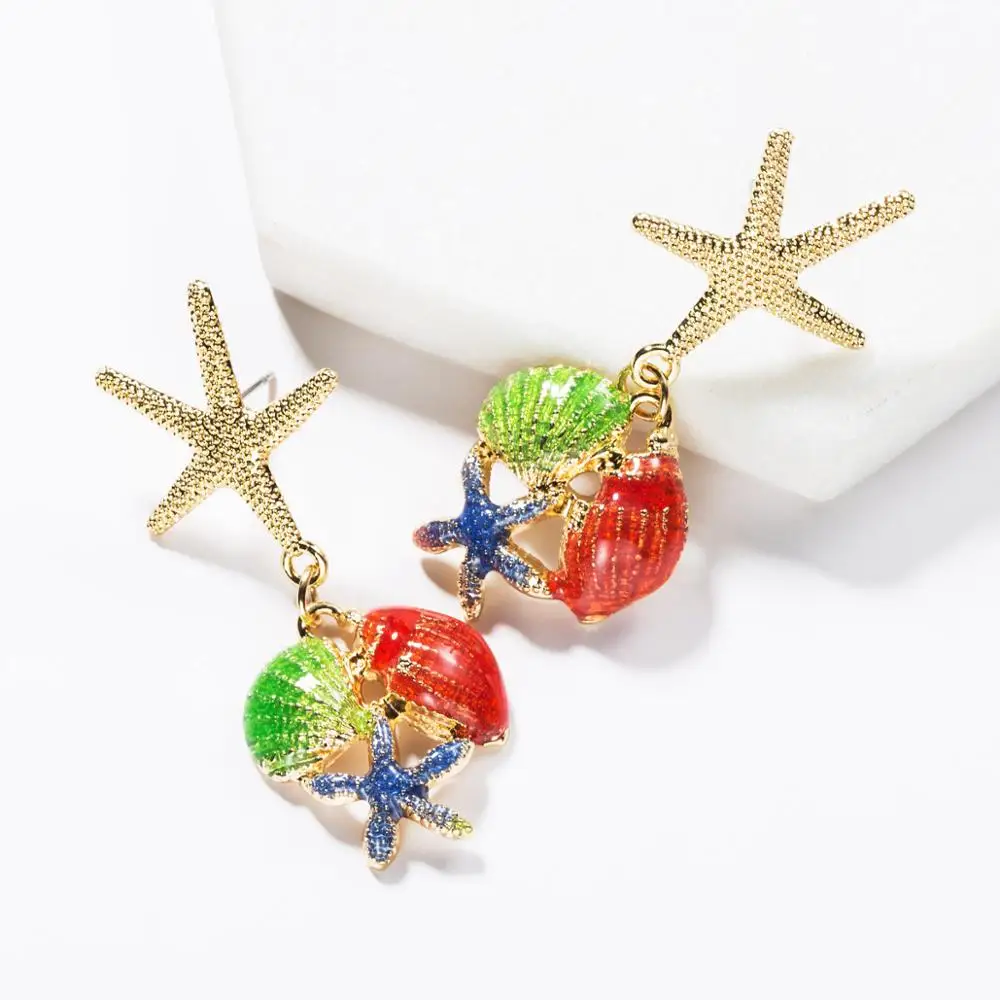 Fashion Green Blue Red Enamel Drop Earring For Women Starfish Shell Conch Shaped Statement Charm Dangle Beach Party Gift | Украшения и