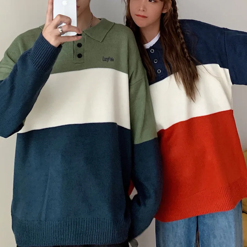 Autumn Polo Sweater Men Fashion Contrast Color Casual Lapel Knit Sweter Men Clothes Streetwear Wild Loose Couple Pullover Man