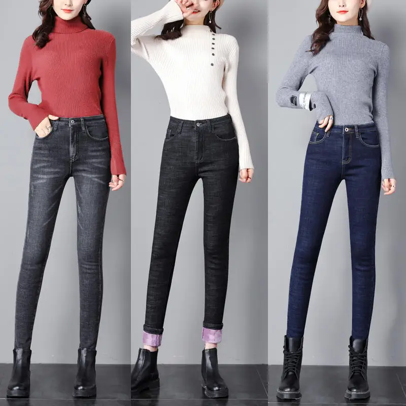 Вельветовые женские джинсы с высокой талией, винтажные Стрейчевые узкие джинсовые брюки-карандаш, уличная одежда, теплые зимние обтягивающие черные джинсы для женщин Q2052