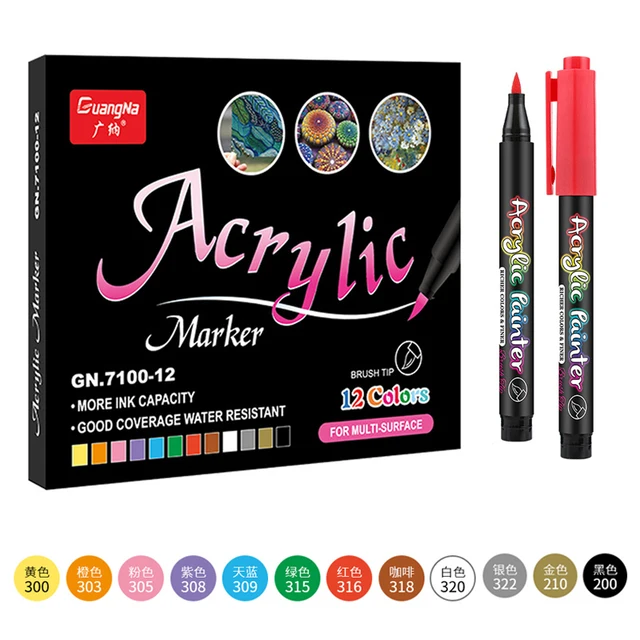 36 Colors Acrylic Paint Pens Acrylic Brush Marker Pens for Rock Painting, Stone, Ceramic, Glass, Wood, Canvas ,DIY Card Making. 12 Colors Markers