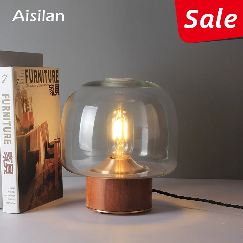 

Aisilan LED Table Lamp Minimalist Modern Lamp wood Glass E27 desk light Partial copper precious metal exquisite bedside lamp
