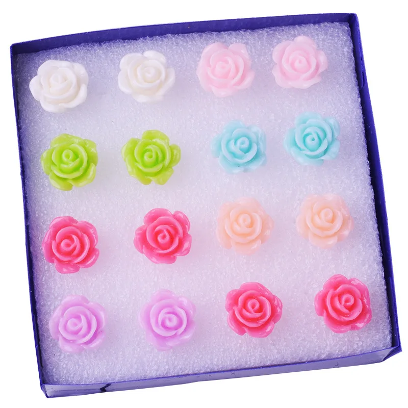 8Seasons New Fashion Colorful Rose Chrysanthemum Flower Plastic Stud Earrings Set For Women Party Club Earrings Jewelry,1Set