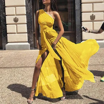 

Fashion One Shoulder Summer Bohemian Beach Dress Solid Sleeveless Maxi Women Dresses Sashes Vestidos Verano Nice
