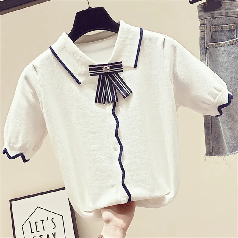 short sleeve white Весна осень вязаный свитер рубашка женская длинный рукав свободная верхняя одежда полосатая куртка Femme леди лацканы топы на все случаи трикотаж - Цвет: short sleeve white