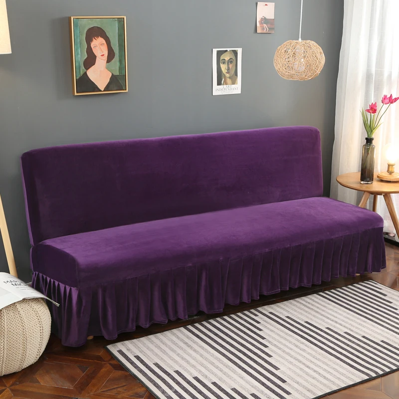 Elastic Plush Fabric Armless Sofa Bed Cover Purple Solid Color Slipcover Stretch Cover Cheap Couch Protector Elastic Bench Cover