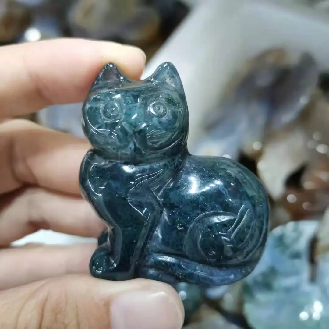 

Natural Moss Agate hand Carved cat Rock crystal Sitting cat Figurine Statue