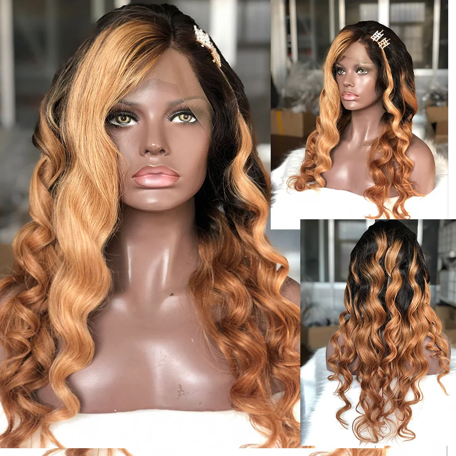 

Lace Front Human Hair Wigs Brazilian Ombre Color 180 Density With Blonde Hightlights Long Wavy Remy Hair Eseewigs