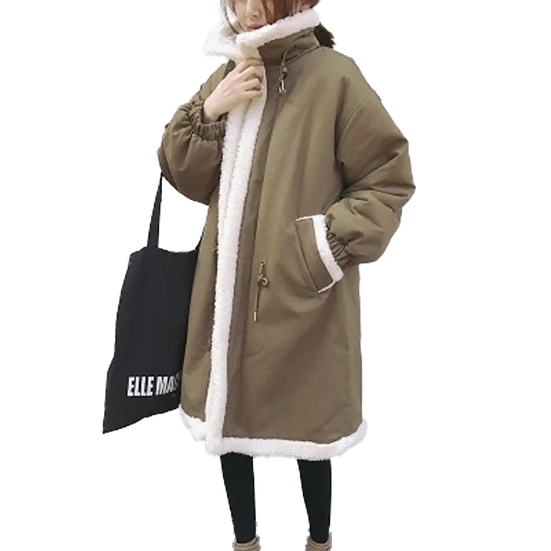 

Autumn Women Zipper Thick Parka Coat Solid Fleece Inside Outerwear Female Loose Parkas Chic Lamb Fur Coat Long Casual Warm Coat