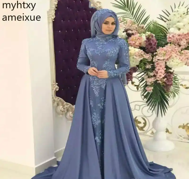 2020 Arabic Saudi Muslim Gray Blue Evening Dress High Neck Hijab Long Sleeves Women Wear Party Event Gown Custom Made Plus Size Aliexpress