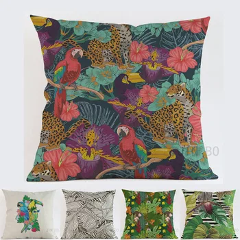 

Tropical plants watercolor painting Green leaves Animal big-billed bird linen pillow case Cushion cover sofa pillow cushions