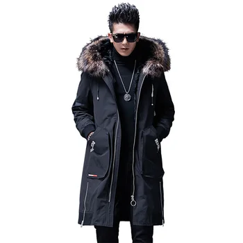 

2019 New Real Wool Fur Liner Parka Men Long Coat Natural Raccoon Fur Collar Trench Coat Hooded Fur Coat Parka Men Clothes