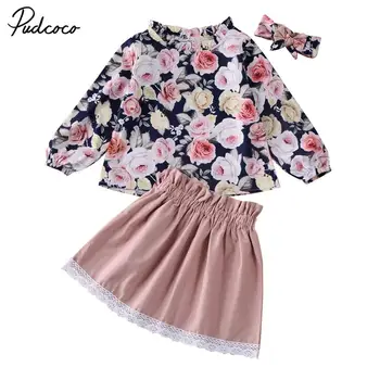 

2020 Cute 3Pcs Toddler Baby Girl Kids Clothes Floral Tops + Lace Skirt + Headband Outfit Set Spring Children Outfits 2-6Y