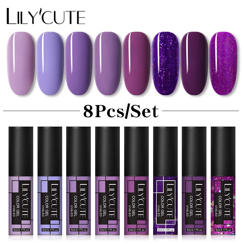 LILYCUTE 젤 폴란드어 세트 4/6/8Pcs 세미 영구 하이브리드 바니시 UV 젤 광택 매니큐어 네일 아트 젤 폴란드어