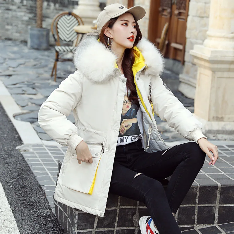 

Parka Women Coat Winter New Style Mid-length Europe And America down Jacket Cotton-padded Clothes Hooded Fashion Large Fur Colla