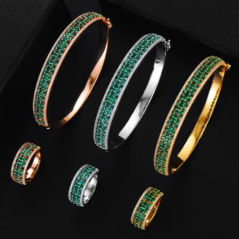 

GODKI Luxury 3PC Green Earring Bangle Ring Set For Women Wedding PARTY Baguette Cut Zirconia Dubai Bridal Jewelry Sets BOHO 2020