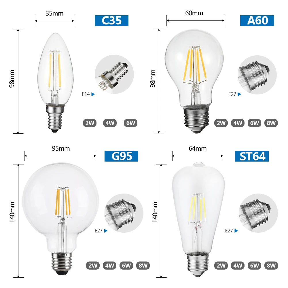 LUCKYELD Винтаж Edison светодиодная лампа 2w 4w 6w 8w E27 СВЕТОДИОДНАЯ Лампа 220v ретро лампы накаливания светильник лампочка E14 Led лампы в форме свечи лампы для комнатных растений светильник Инж