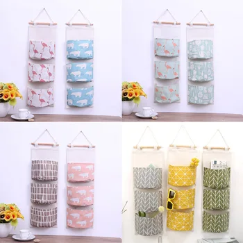 

3 Pockets Wall Pouchs Cosmetic Toys Organizer Cotton Linen Flamingo Pattern Hanging Storage Bag Wardrobe Hang Bags Wall Mounted