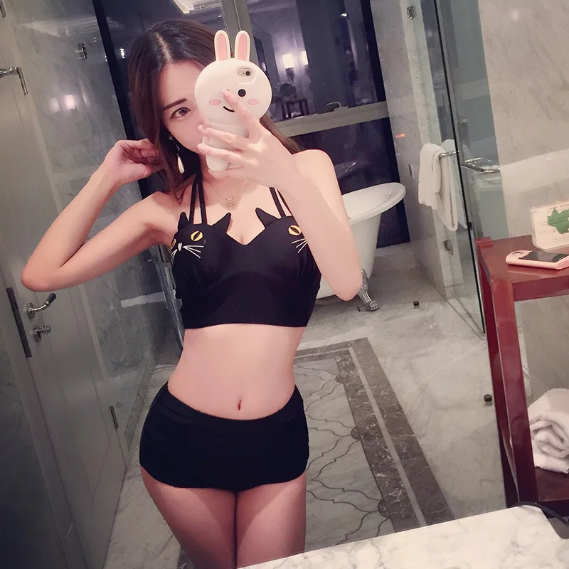 

2017 Summer New Style Korean-style Bathing Suit Split Type Kitten Black And White with Pattern-WOMEN'S Swimsuit