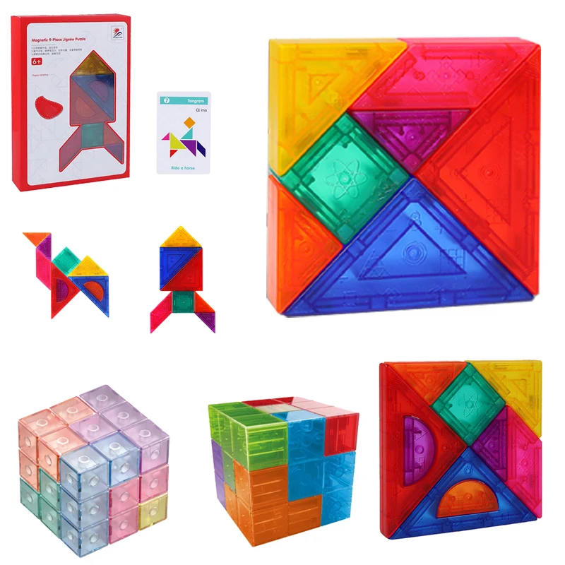 

Montessori Magnetic Tangram Jigsaw Toys Children Soma Cube Rainbow Transparent Blocks Color Shape Matching Games Educational Toy