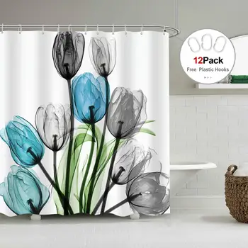 

Tulips Flower Printed Waterproof Bath Shower Curtain Set Non-Slip Carpet Mat Set Floor Toilet Cover Home Bathroom Bath Mat Rug