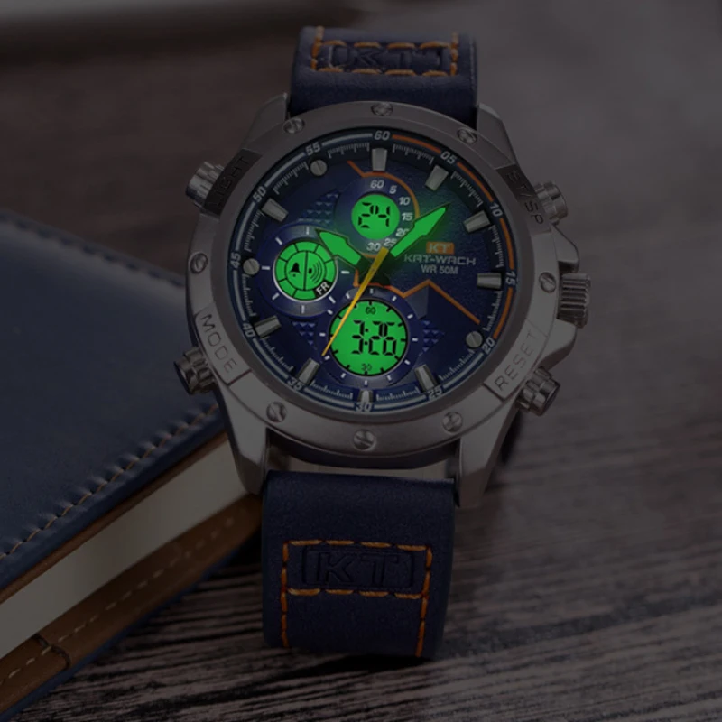 KAT-WACH, мужские часы, Лидирующий бренд, роскошные модные спортивные кварцевые часы, мужские водонепроницаемые цифровые часы с двойным дисплеем, мужские наручные часы