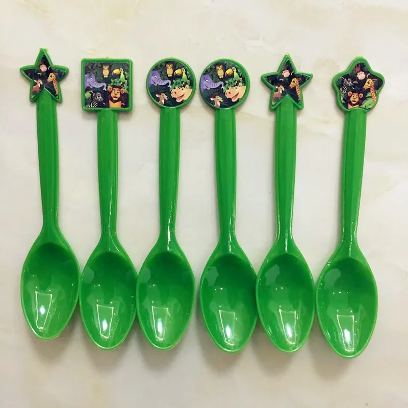 6pcs spoons Джунгли животных вечерние обезьяна Лев Слон сафари День Рождения украшения Дети одноразовые посуда торт топперы детский душ - Цвет: 6pcs spoons