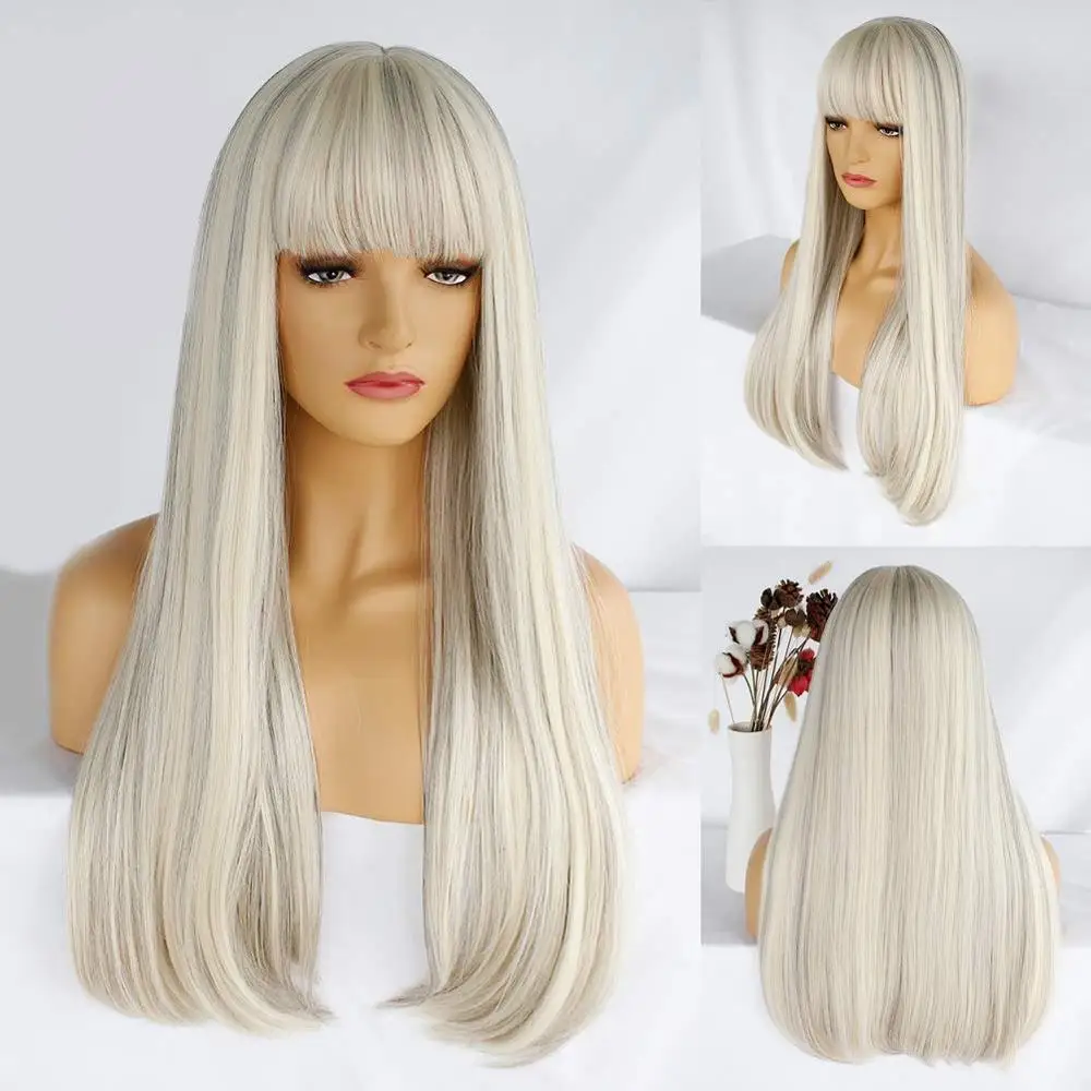 

Ebingoo Ombre White Synthetic Wigs with Bangs Long Silk Straight Cosplay Wig For Woman Heat Resistant Fibre
