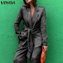 Casacos casuais 2021 vonda feminino outono manga longa plissado terno blazer com bolsos senhoras solto amarrar até casacos 3 cores outerwears