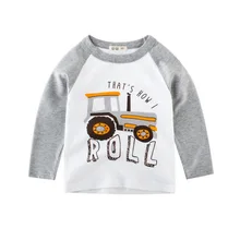 С длинным рукавом Футболка с рукавами для детей в Корейском стиле с изображением мультяшного автомобиля, принт, чистый хлопок Повседневное футболка с круглым вырезом Детская одежда с вентилятор долговременный Магнето возникновение