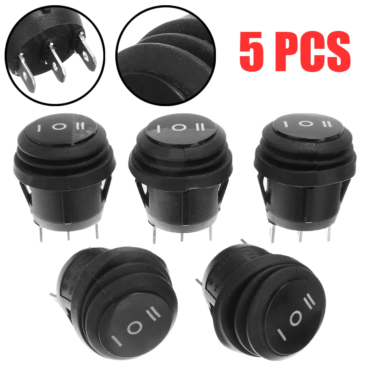 Mayitr 5pcs On/Off/On Three Position Round Rocker Switch SPDT Car Boat Motorcycle Waterproof 10A/125V 6A/250V