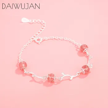 

DAIWUJAN Temperament Strawberry Crystal 925 Sterling Silver Bracelet Female Sweet Resizable Quartz Stone Bracelet Birthday Gift