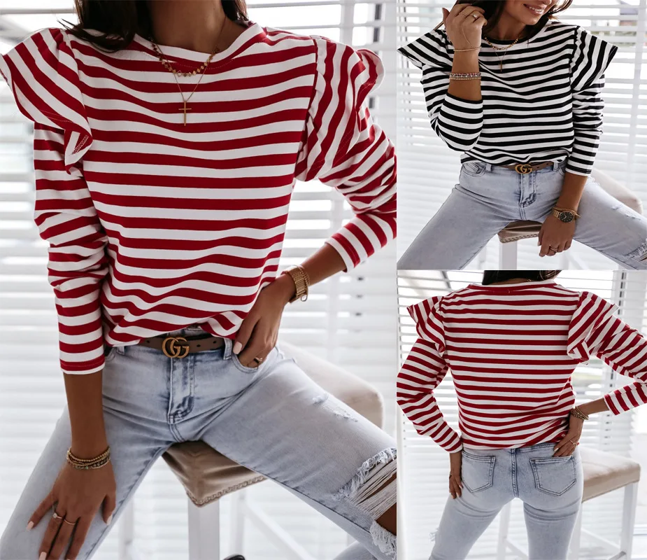 

Women's Striped T-Shirt Spring Fall Round Neck Ruffles Long-Sleeved Top Elastic for Daily Life Shopping