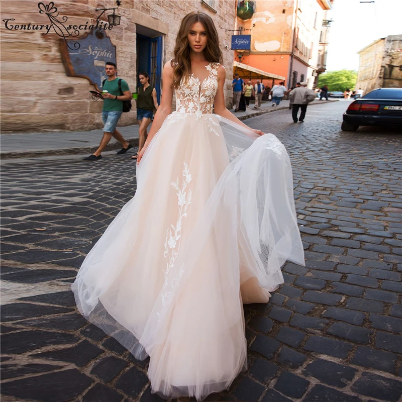 

Backless Sexy Wedding Dresses Boho Lace Appliques Sheer O-Neck A-Line Beach Bridal Gowns Bohemian Bride Dress Vestido De Noiva