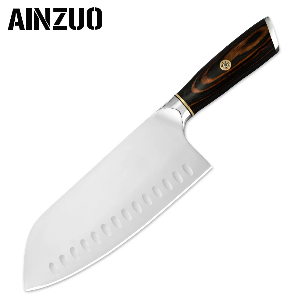 Нож Santoku из нержавеющей стали AINZUO 7,5 дюймов 5Cr15 стальной нож дизайн двойного назначения для разделки и резки кухонного ножа